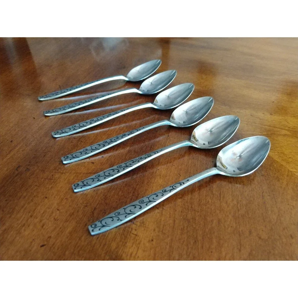 Vtg Lot 6+1  Teaspoons Stainless Grand Prix Florentine Black Swirl Design Japan